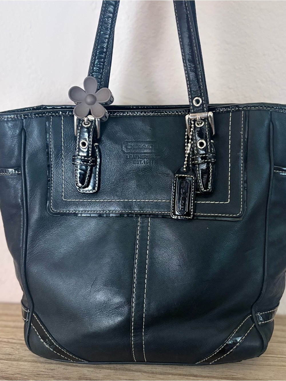 Vintage Legacy Coach Black Leather Tote Bag with Signature Charm